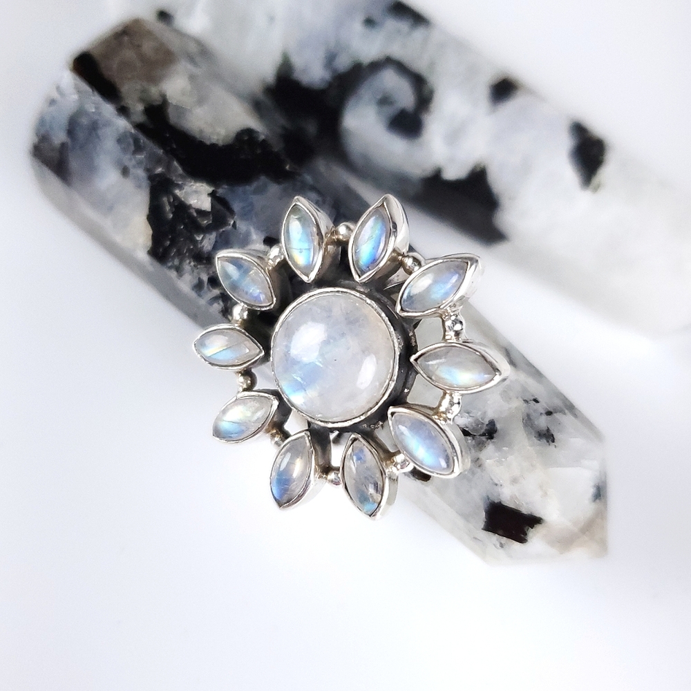 925 Sterling Silver Flower Starburst Rainbow Moonstone Ring New Size 7.75 - Picture 15 of 16